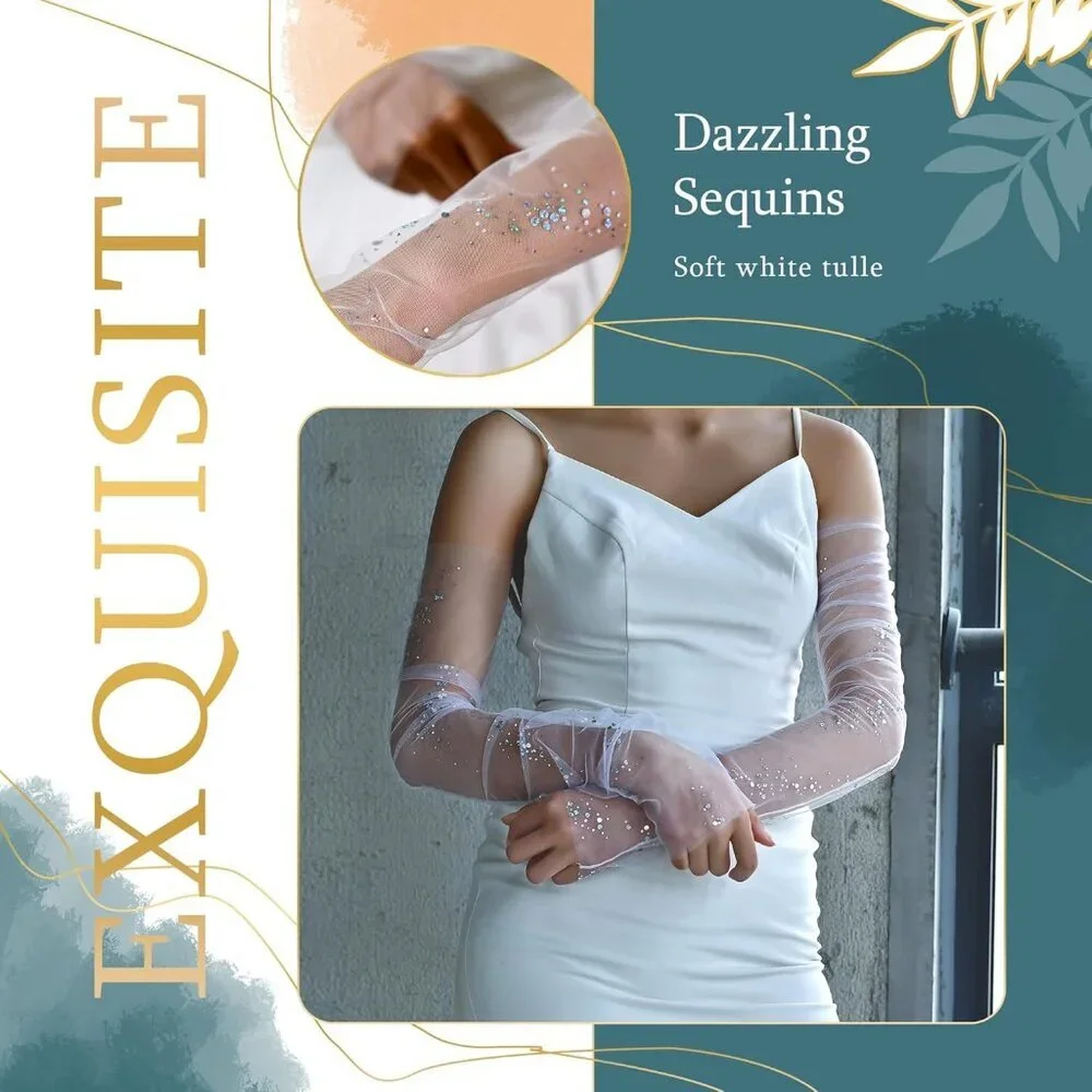 Women's Snow White Tulle Pearl Long Sleeves Gloves Bridal Party Prom Costumes